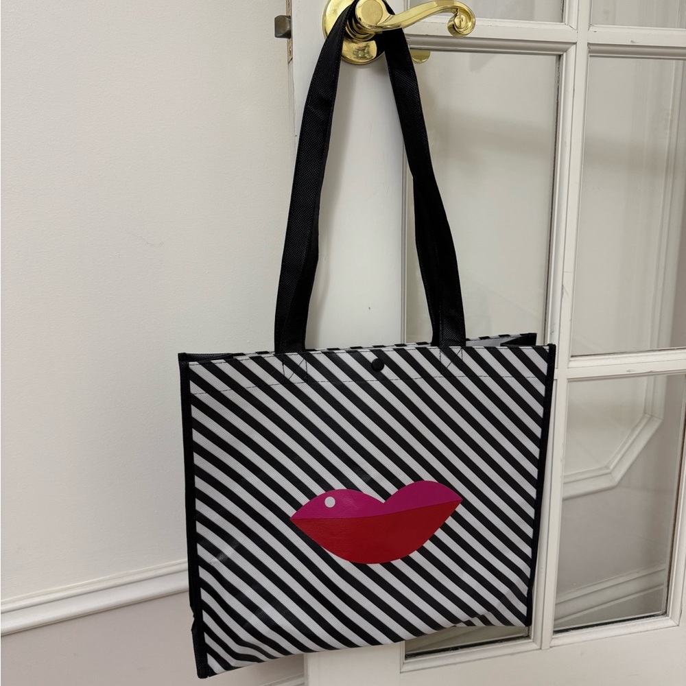 Sephora Striped Black and White Reusable Tote Bag with Pink and Red Lip Design
